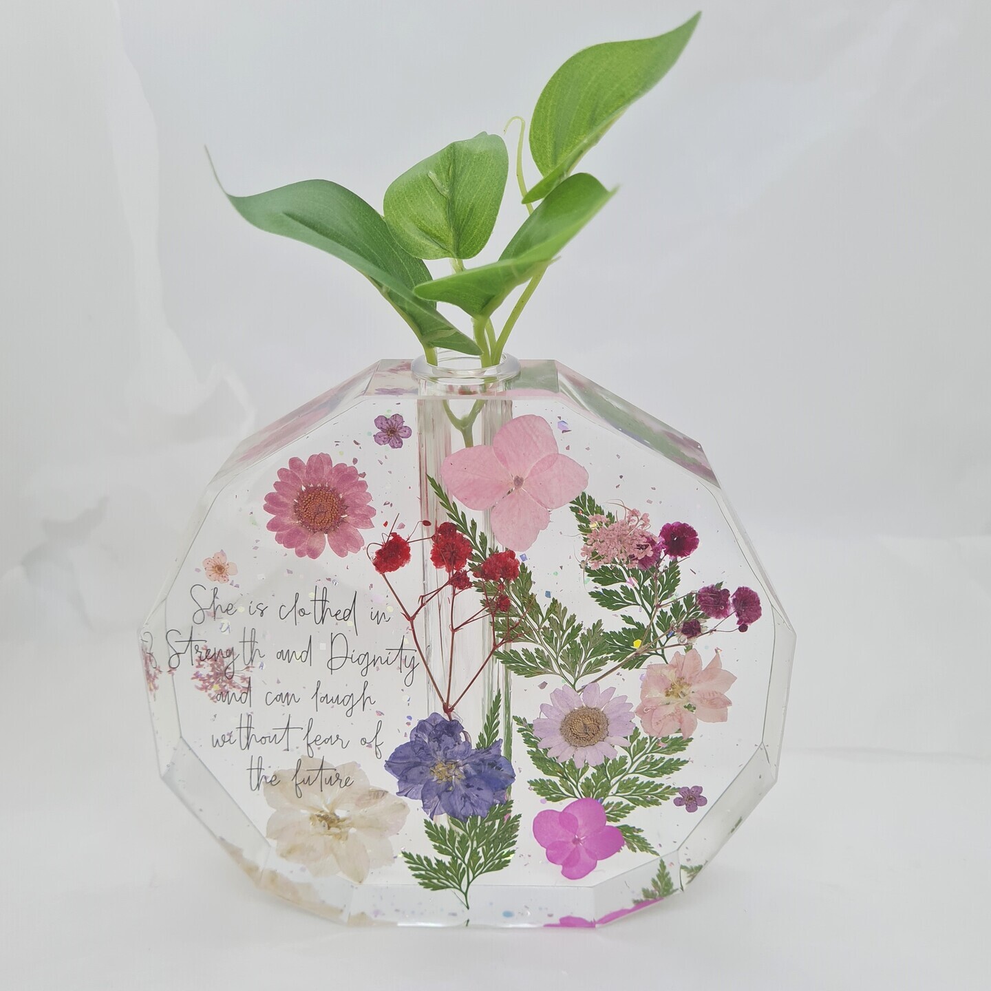 Blessed Mama Proverbs 31 Octagon Vase  resin with real flowers & leaves  Handmade by differently-abled artisans   PRE_ORDER NOW