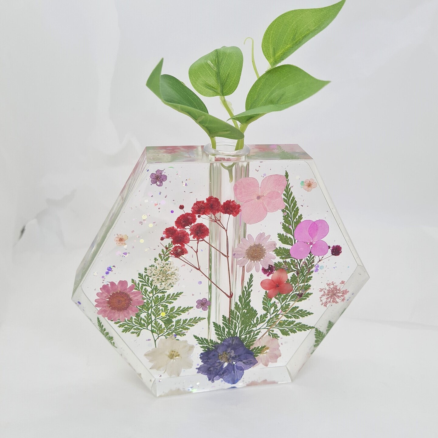 Resin vase with real flowers & leaves  Hexagon  Handmade by special needs artisan