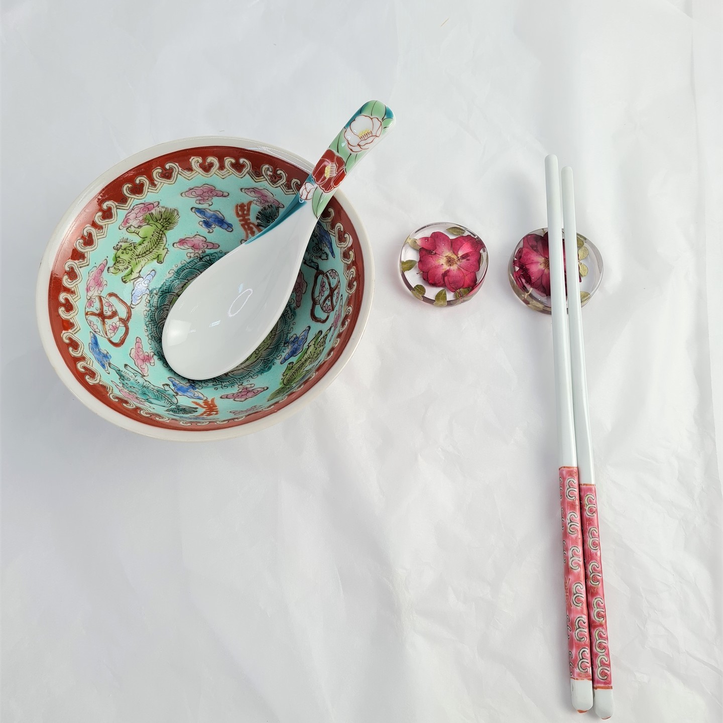 福  FU- PROSPERITY Resin chopstickspoon rest set of 2 Real Pressed Flowers & Leaves Handmade