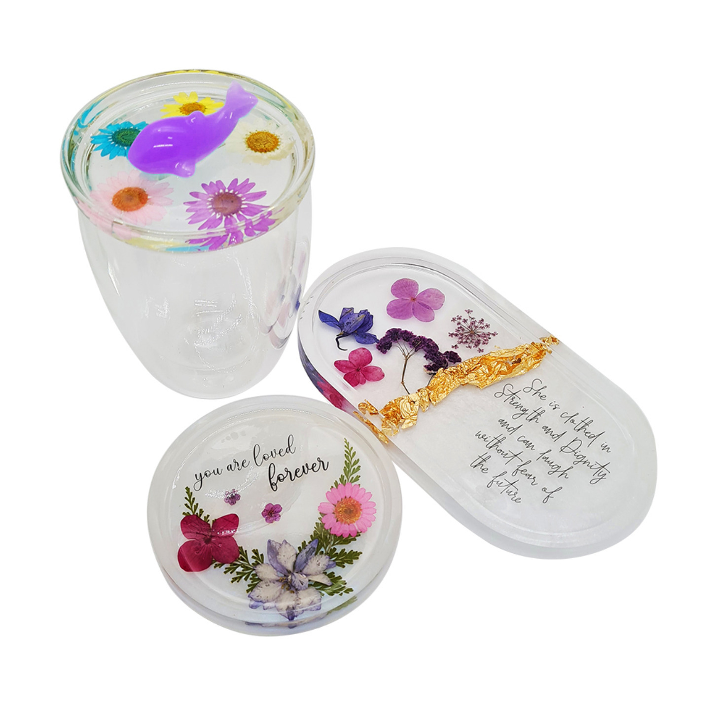 Love-U-mom set trinket tray with matching coaster, double glaze glass & cup cover