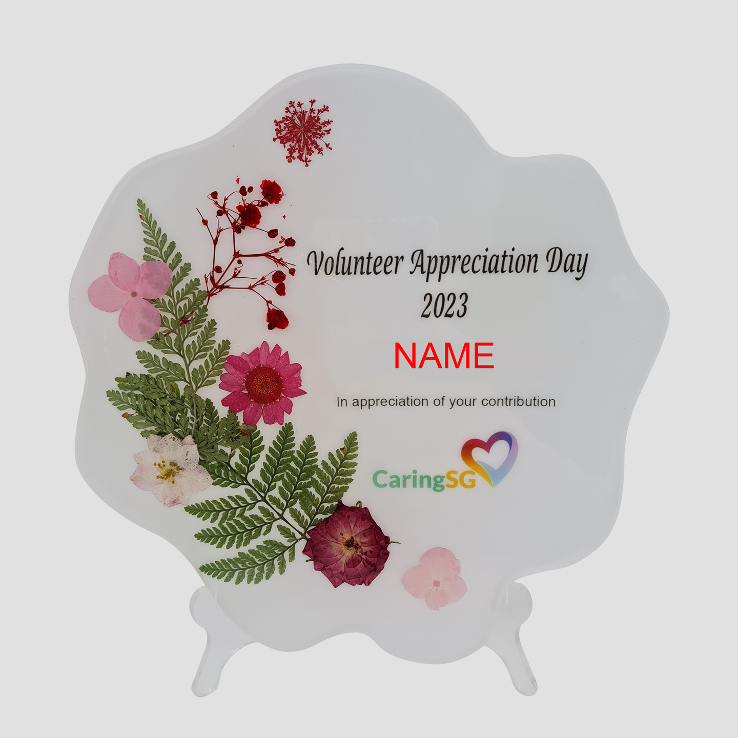 Award Plaque in Organic shape with real flowers & leaves on acrylic leg  Custom wording & logo  Free design proposal