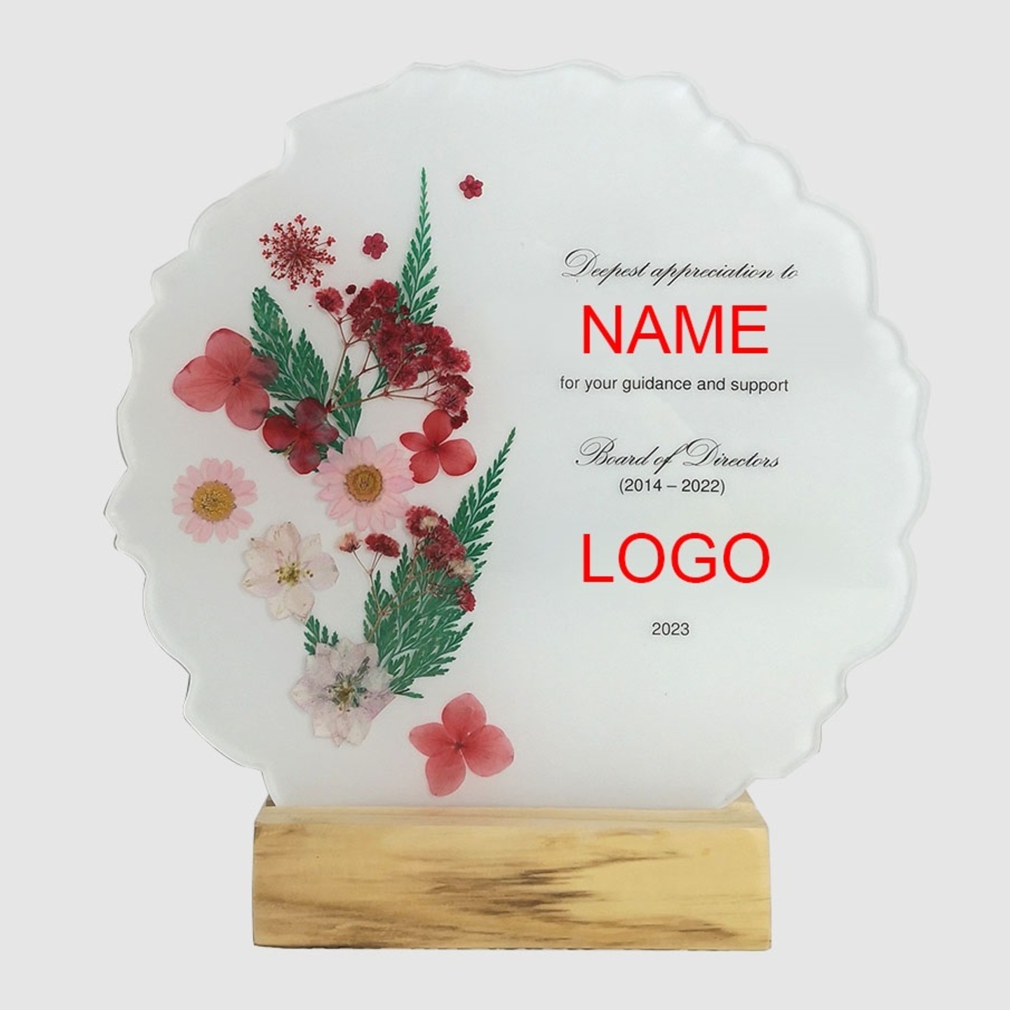 Customised Award Plaque with real flowers & leaves on wood base  Custom wording & logo  Free design proposal