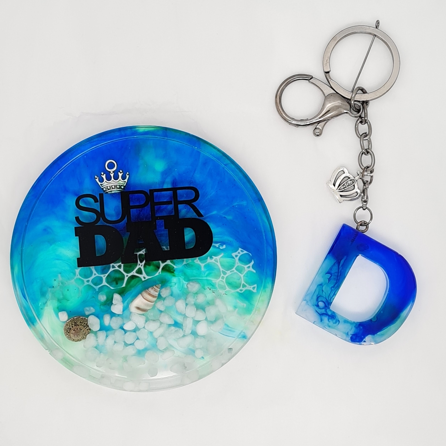 SUPER DAD Gift Set| Beach theme coaster with Glow in the Dark Alphabet Keychain- Bag charm