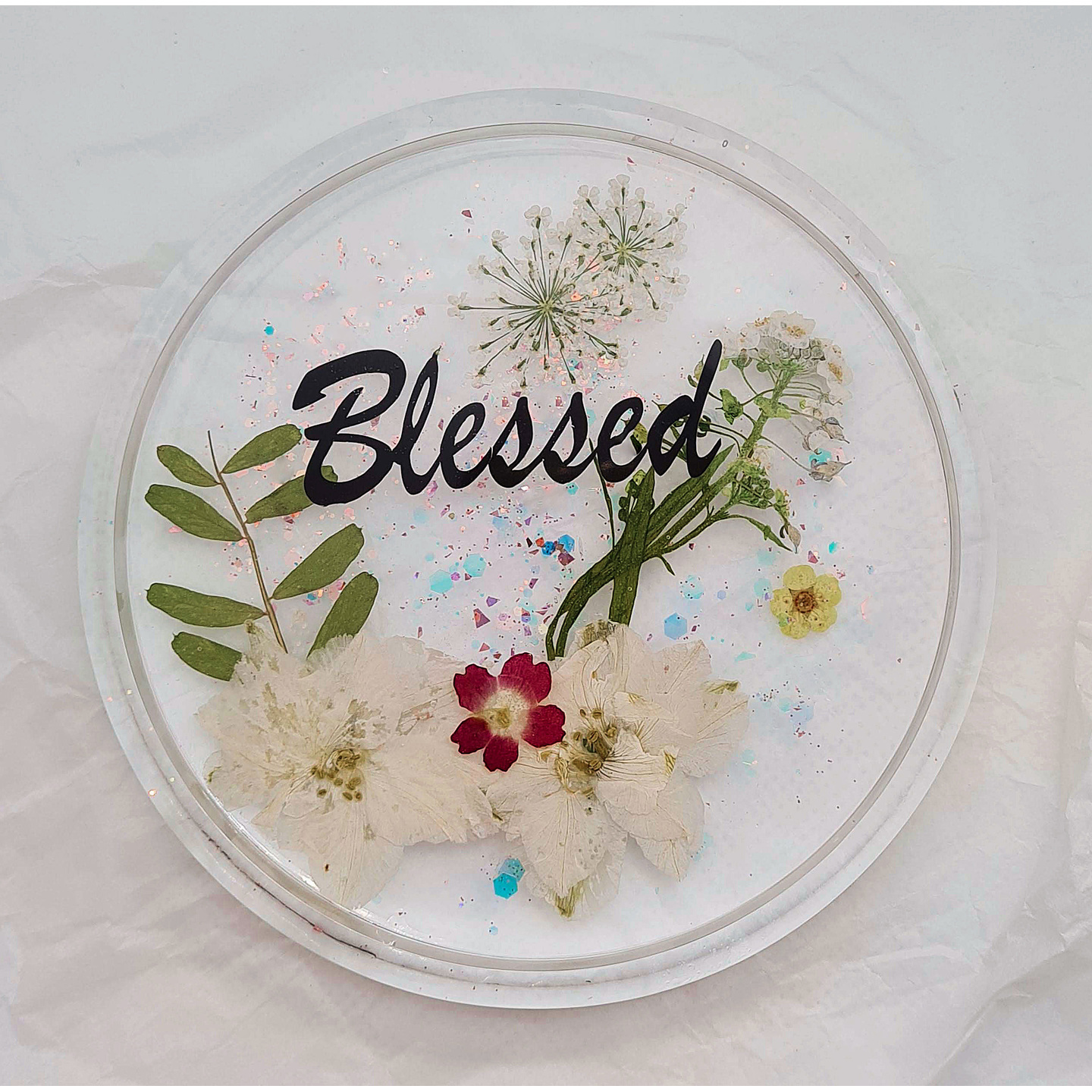 Blessed   Real Pressed Flowers & Leaves Resin Coaster with an inspirational word Handmade