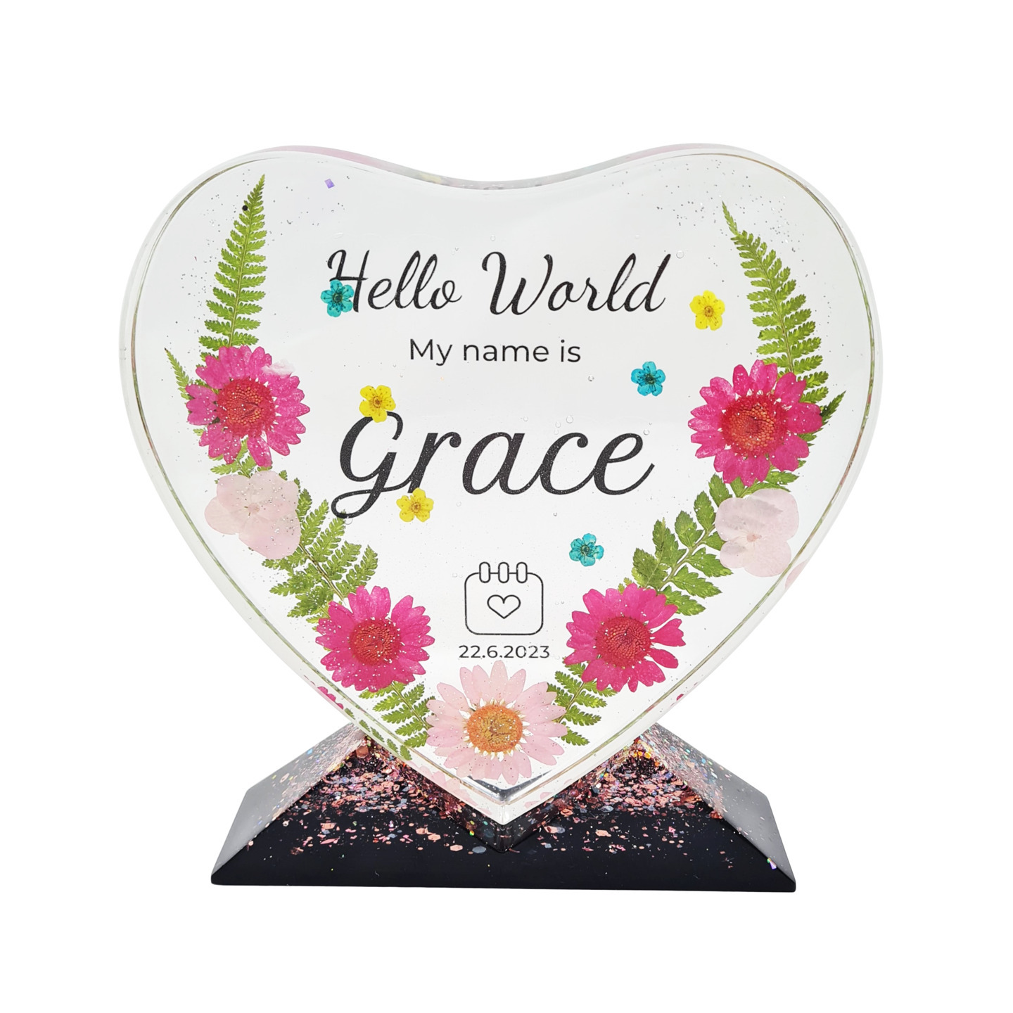 HELLO WORLD  BLOOM  RESIN PLAQUE WITH STAND
