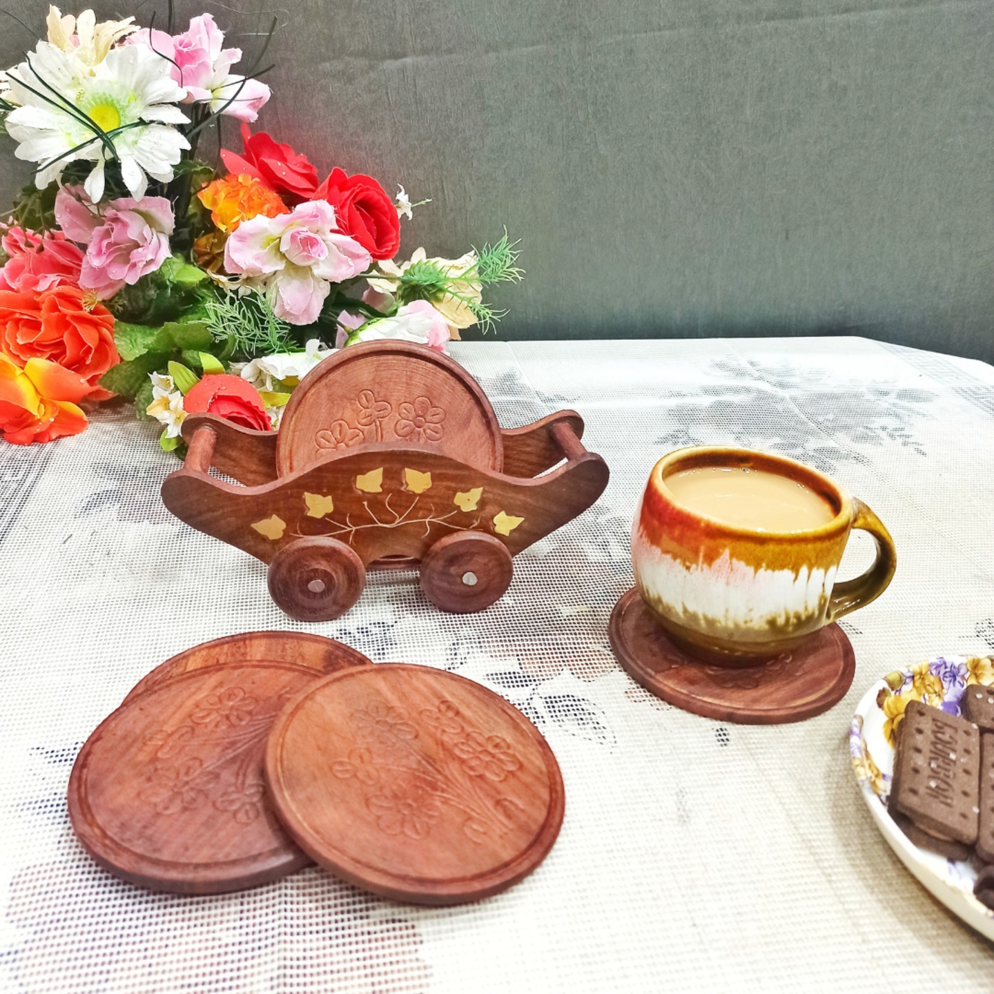 Wooden Tea Coasters Trolley