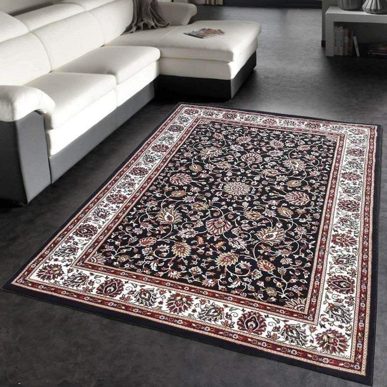 Hassan Carpet New Kashmiri Persian Design Extra Look Carpet for Living Room, Bedroom and For Hall, Black A4