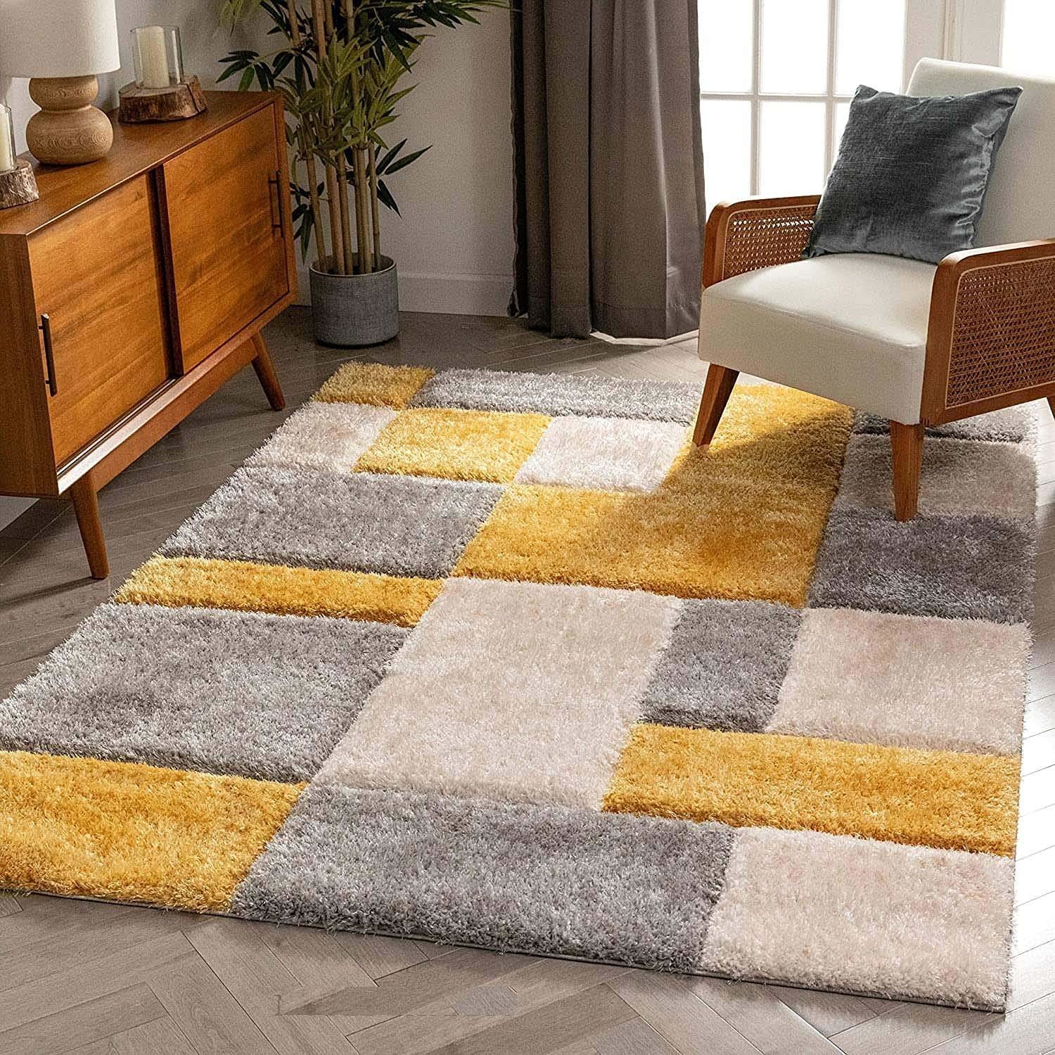 Hassan Carpet Microfiber Premium Modern Design Handwoven Carpet For Home & Office Floor Runner (Gold B1)