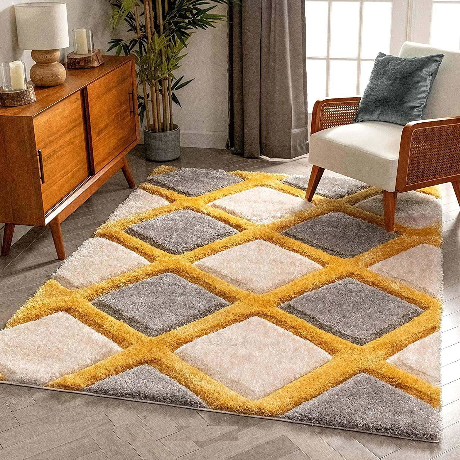 Hassan Carpet Microfiber Premium Modern Design Handwoven Carpet For Home & Office Floor Runner (Gold A9)
