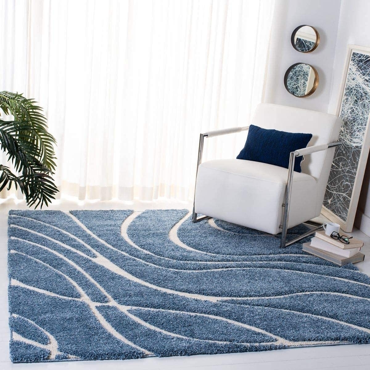 Hassan Carpet Blue & Cream Microfiber Cozy & Fluffy Shaggy Carpet and Rugs Best Suitable For Living room & Office Floor Mat