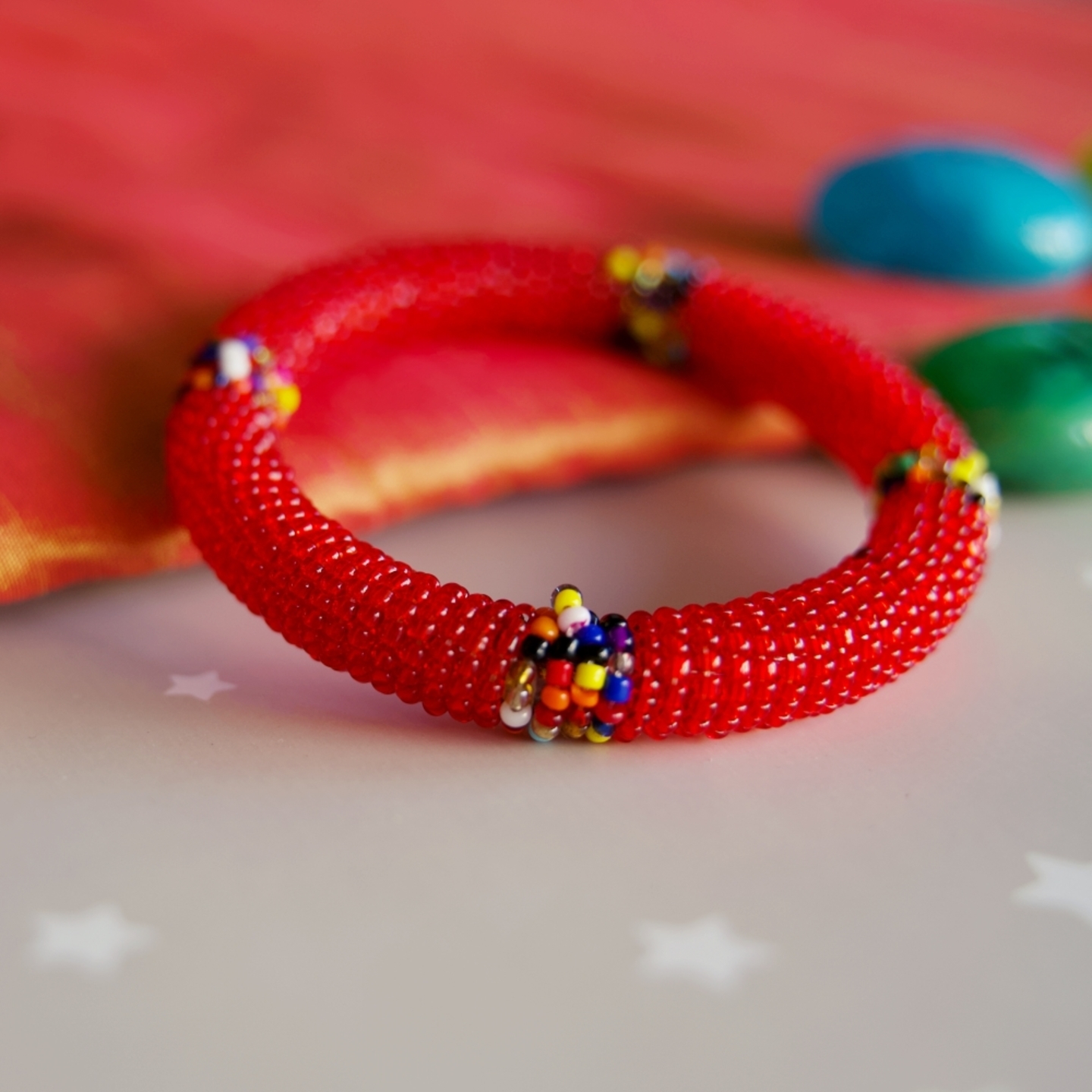 Red African Maasai beaded tribal bangle 