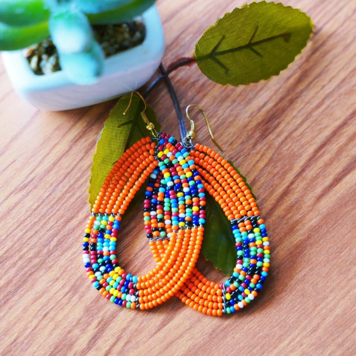 Orange Colour Beaded Hoop Earring