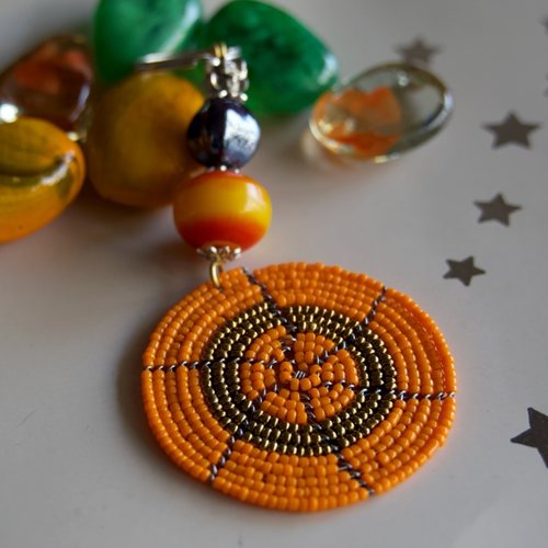 Orange and golden round Maasai beaded keychain