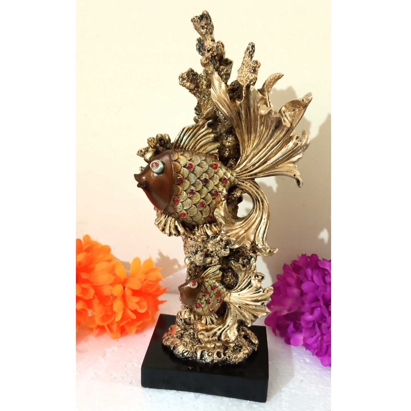 Deesha Planters and Decors Fengsui Golden Tree Fish Showpiece (18X10X37 cm)