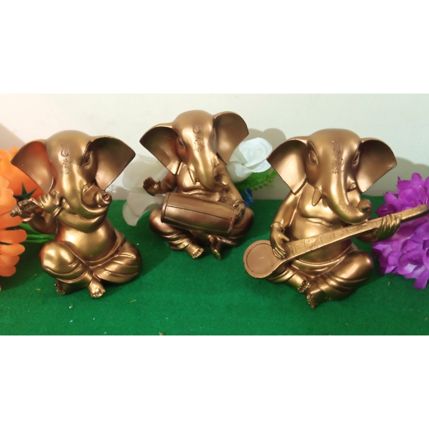 Deesha Planters and Decors Golden Ganesha with Instruments Statue (15X10X16, 13X10X16, 16X10X16 CMS)