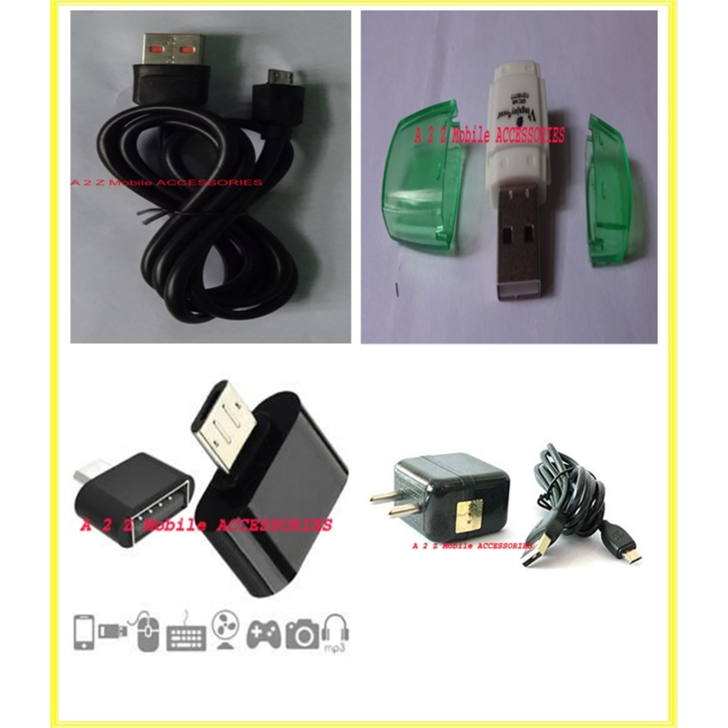 USUN V8 Data Cable, Vingajoy GRC-646 Card Reader, UBON GTG 196 A OTG USB Adapter, Ubon CH-59A Mobile Charger