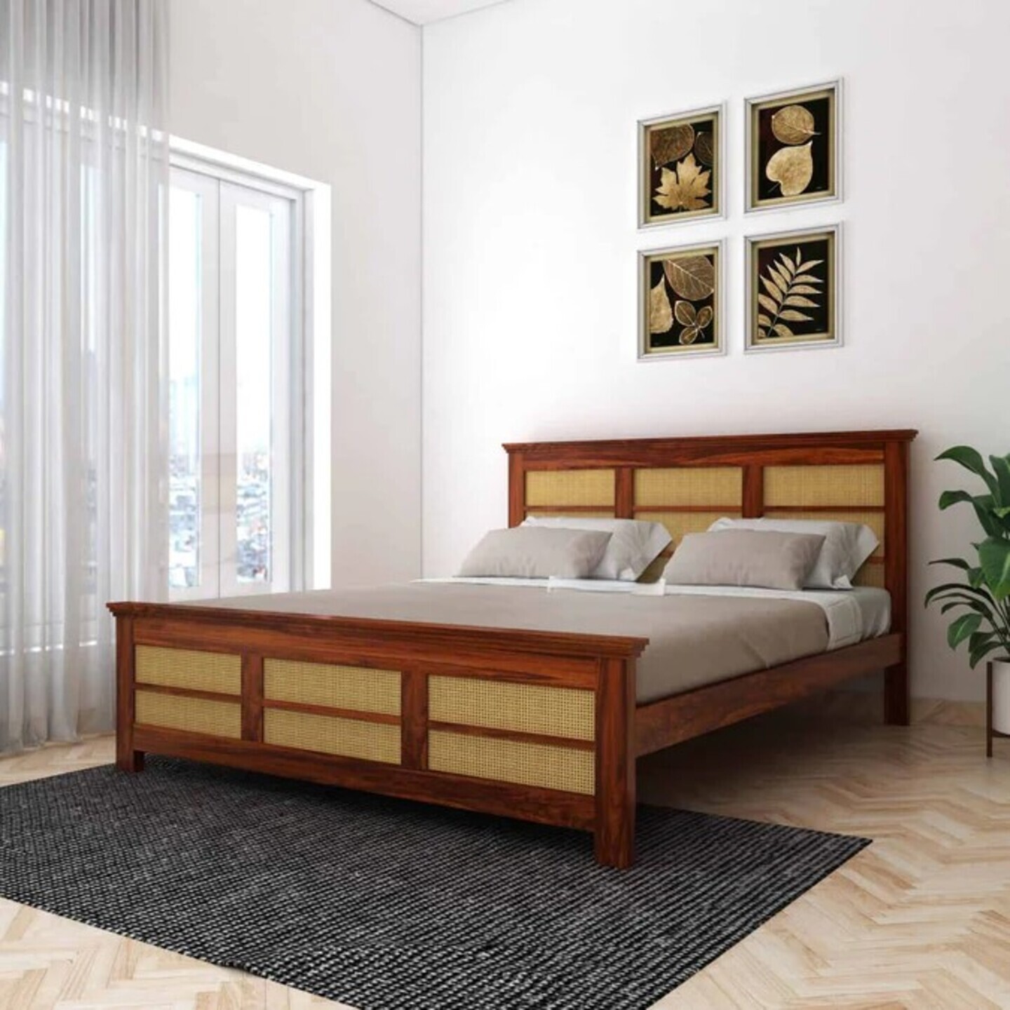 Gunnu Furniture Sheesham Wood Wooden Ratten Natural Cane Bed without storage