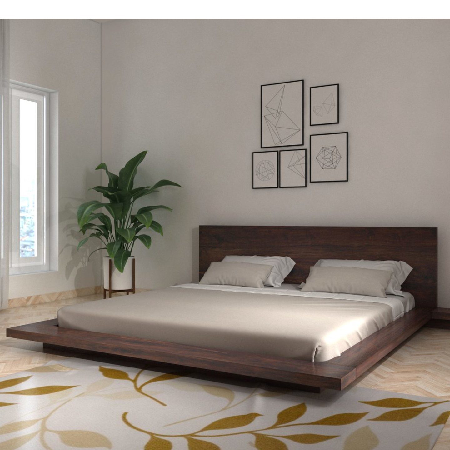Gunnu Furniture Plato Solid Sheesham Wood Platform Bed with Two Bedsides For Living Room & Bedroom