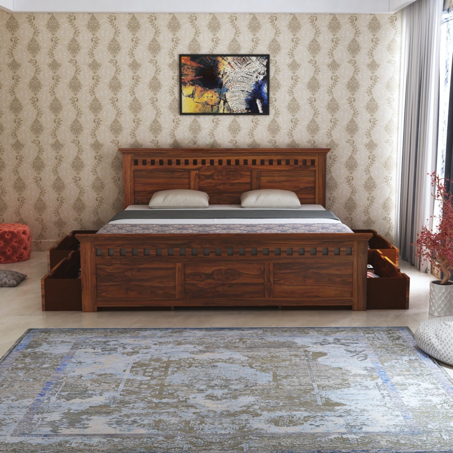 Armania Solid Sheesham Wood Bed With Four Drawer Storage