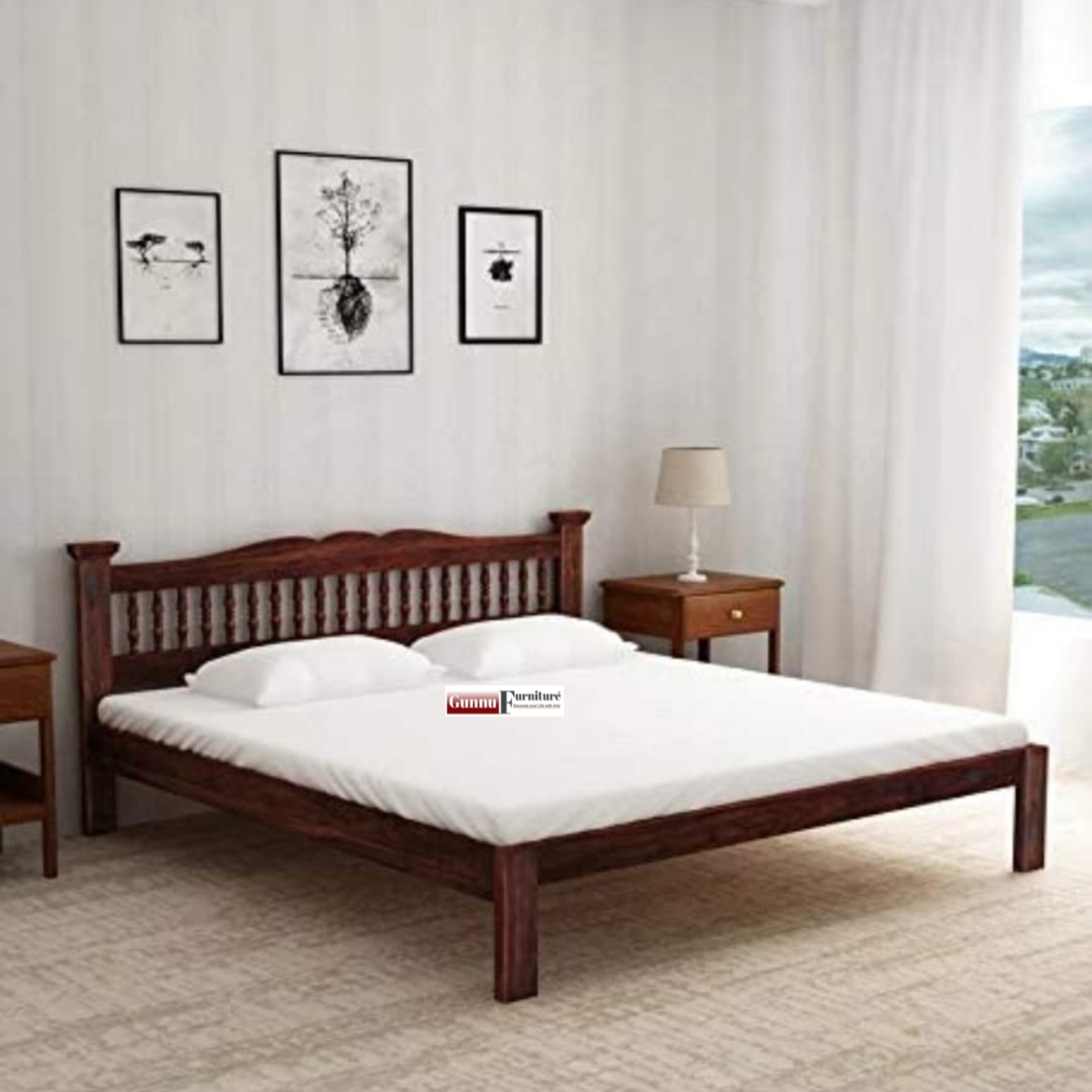 Gunnu Furniture Sheesham Wooden Bed Foster Size Without Storage Double Bed for Bedroom and Living Room
