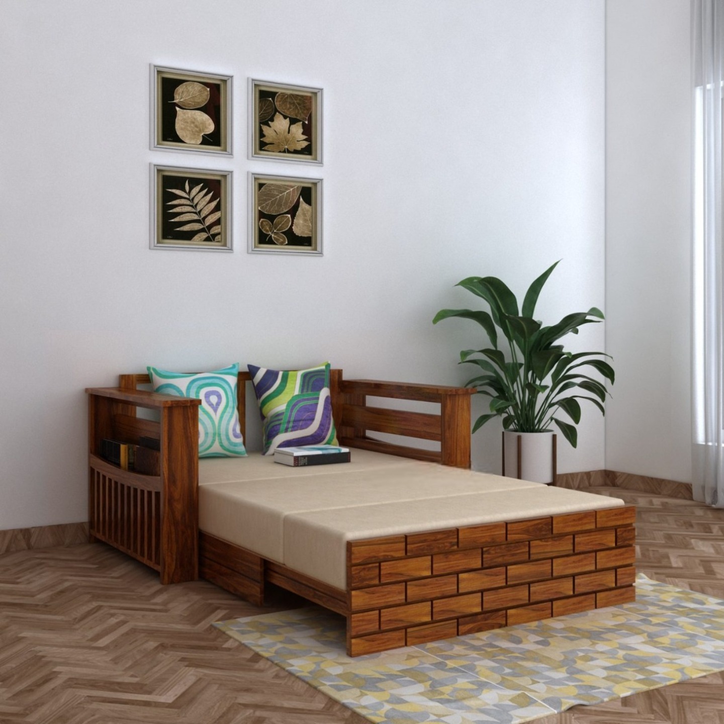 Italian Solid Sheesham Wood Two Seater Sofa Cum Bed With Side Pockets and Box Storage