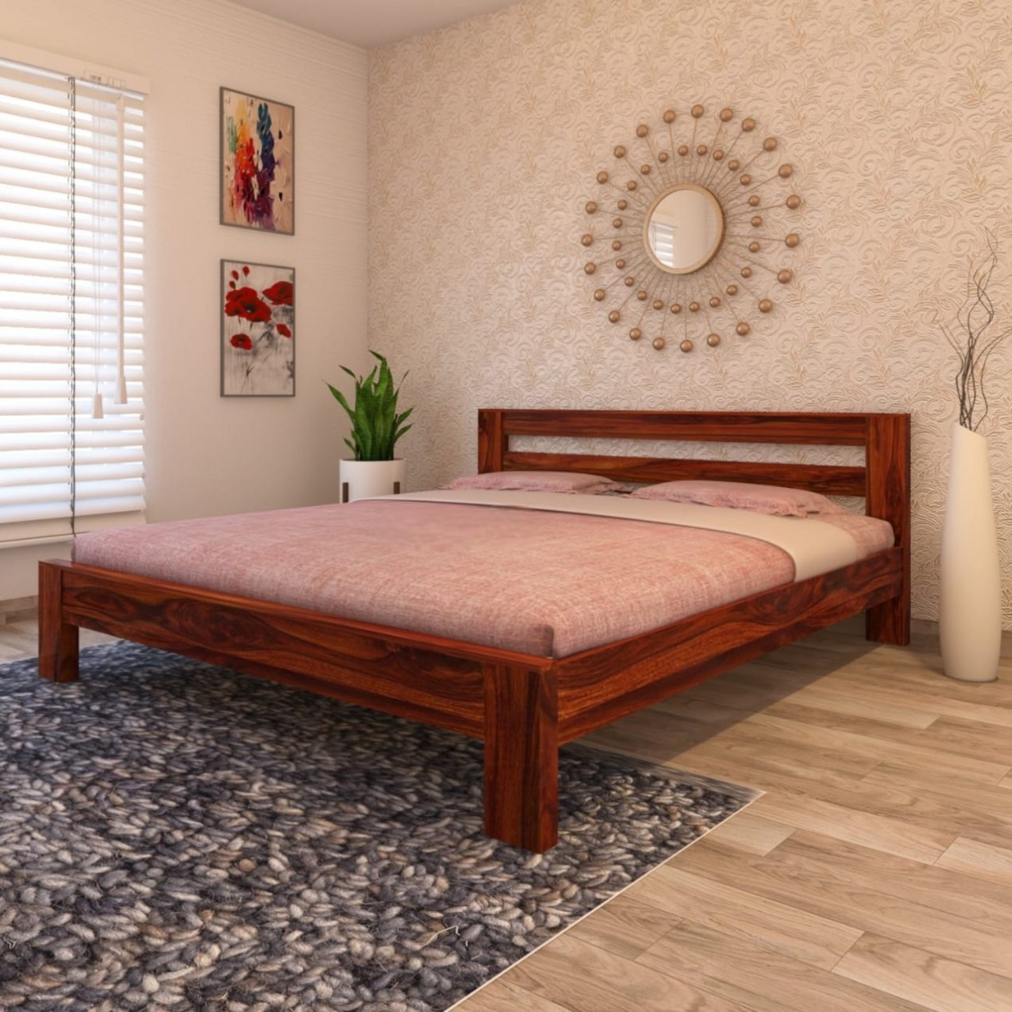 Gunnu Furniture Solid Wood Sheesham King Size Foster Bed Without Storage Palaung for Bedroom & Living Room Natural Finish