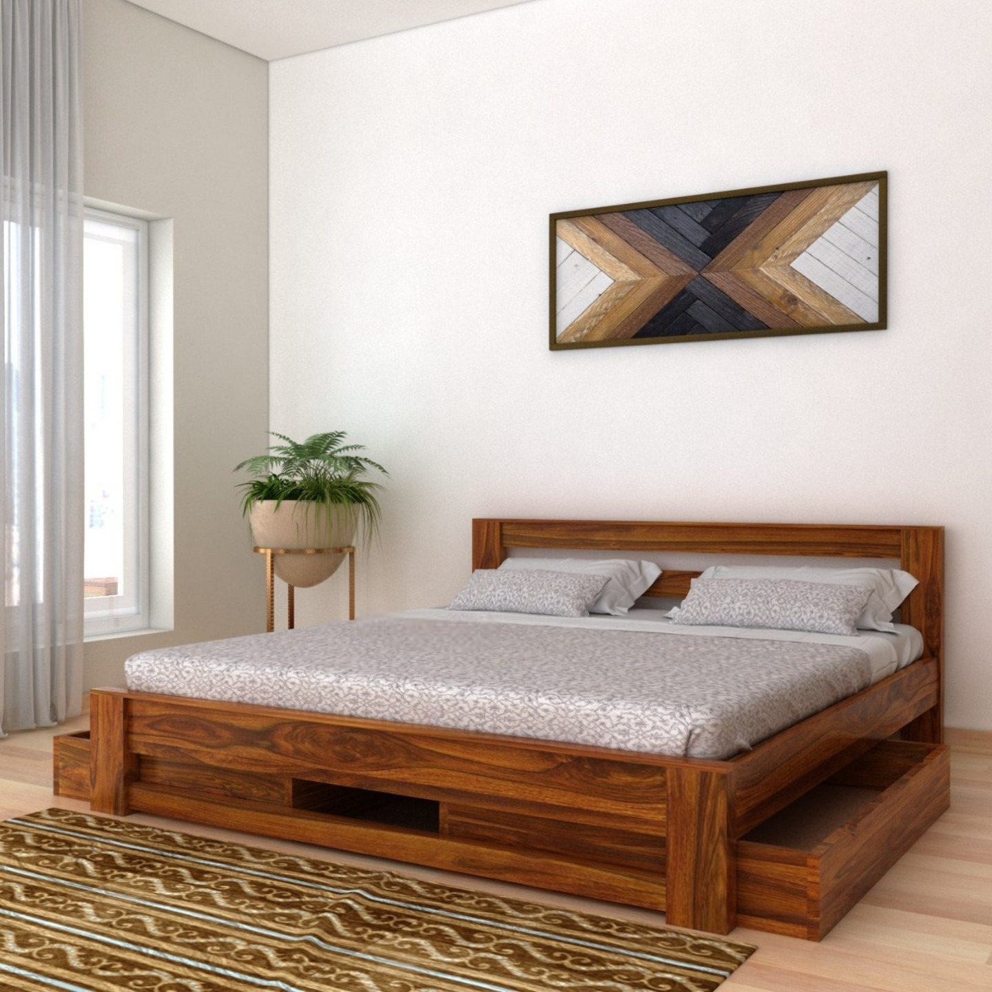 Gunnu Furniture Foster Bed in Solid Sheesham Wood With Drawer Storage For Living Room & Bedroom