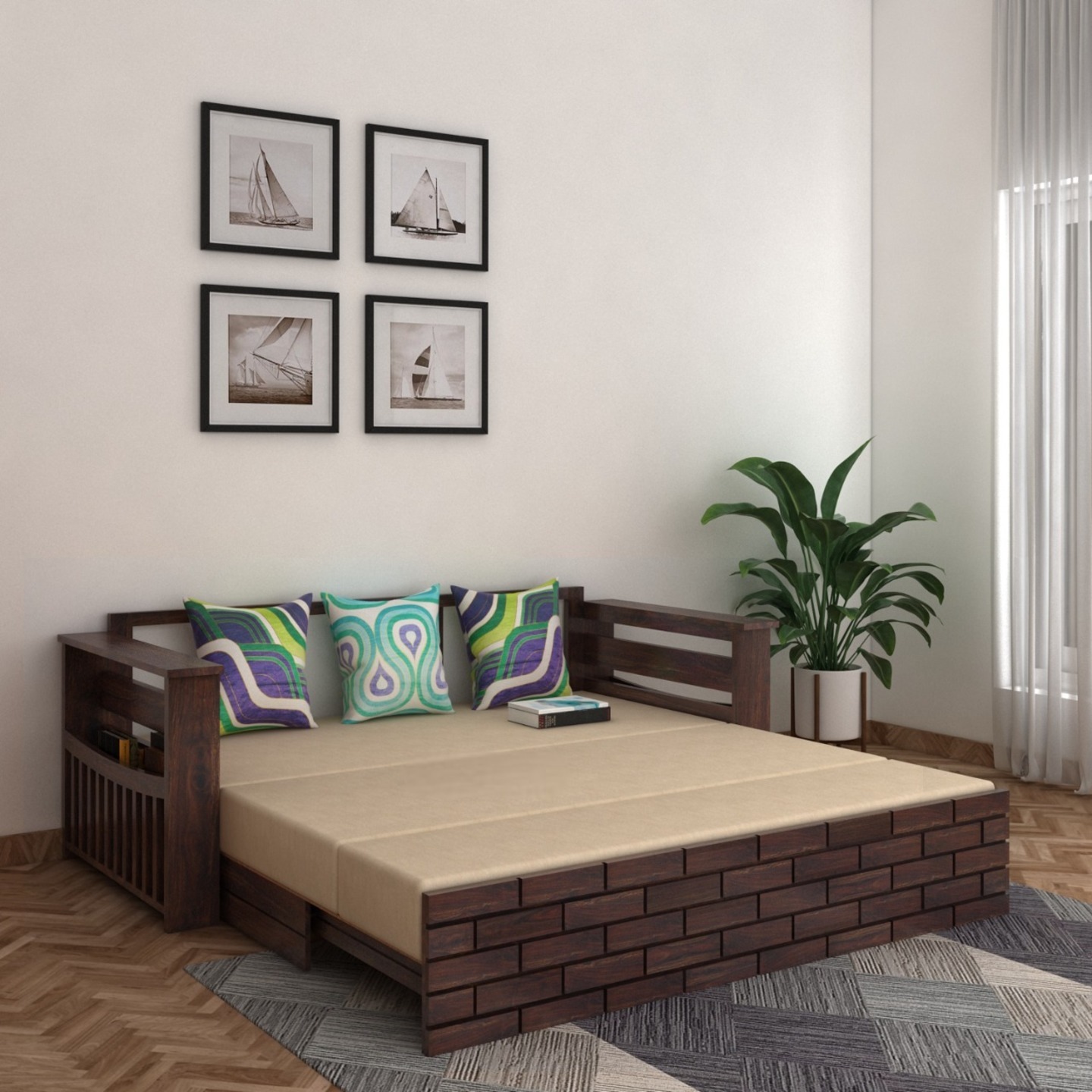Italian Solid Sheesham Wood Three Seater Sofa Cum Bed Walnut with Side Pockets and With Box Storage