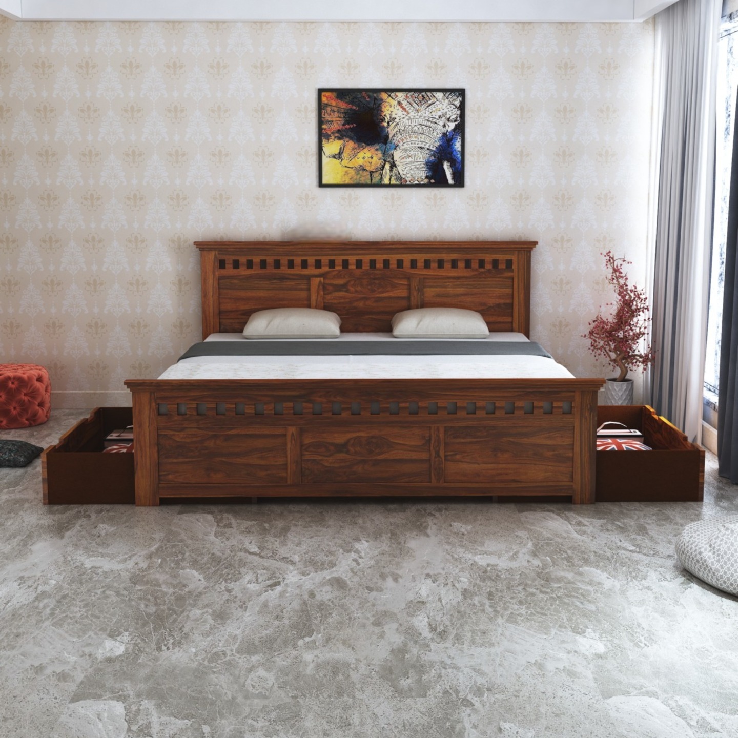 Armania Solid Sheesham Wood Bed With Two Drawer Storage
