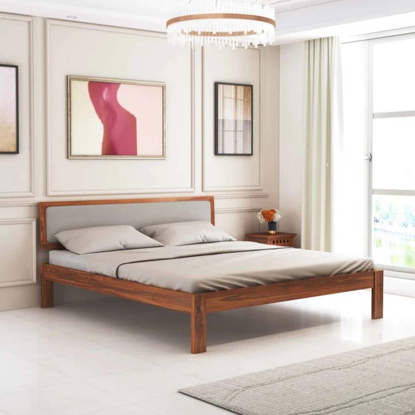 Euro Solid Sheesham Wood Bed With Upholstered Headboard - 1 Year Warranty
