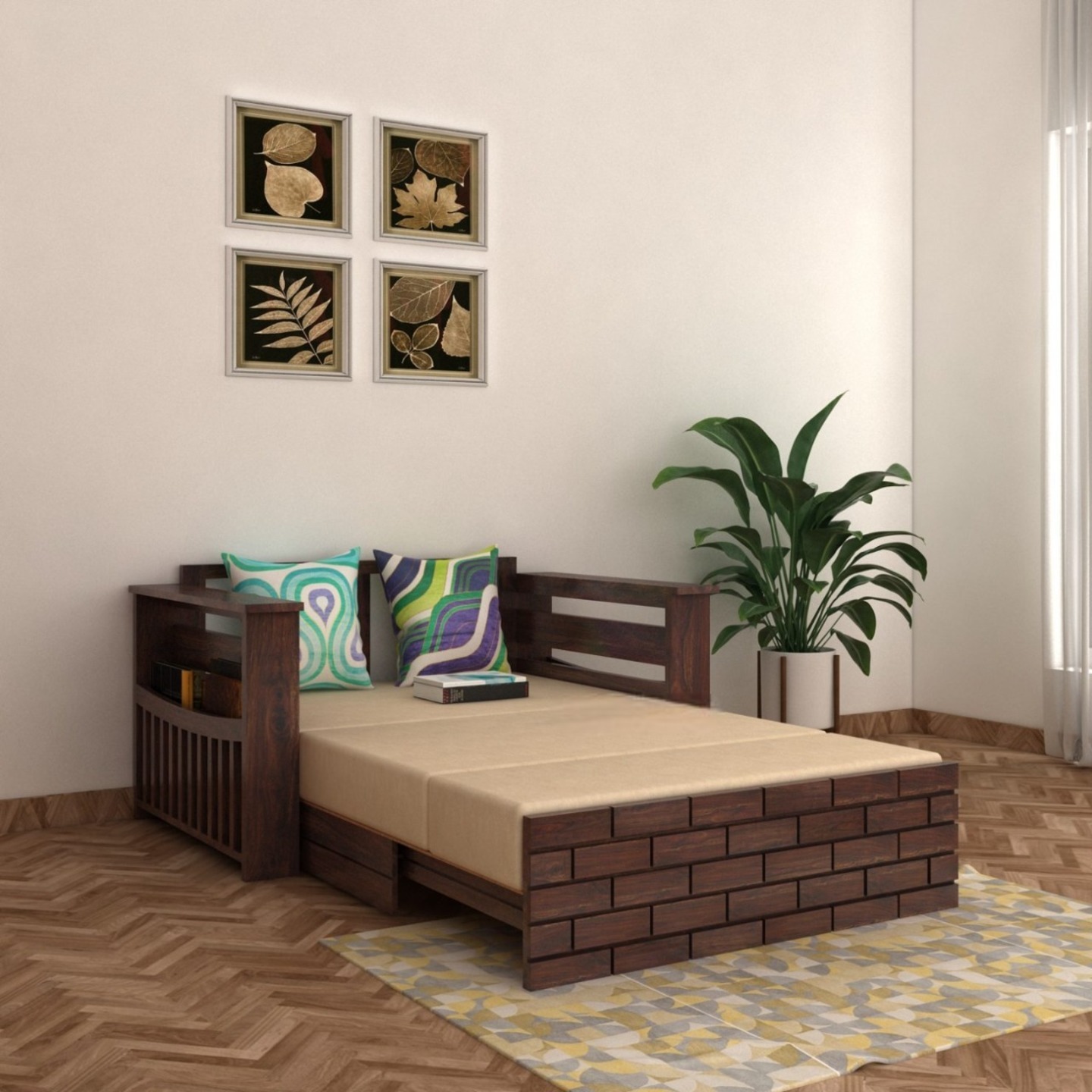 Italian Solid Sheesham Wood Two Seater Sofa Cum Bed with Side Pockets and Box Storage Walnut