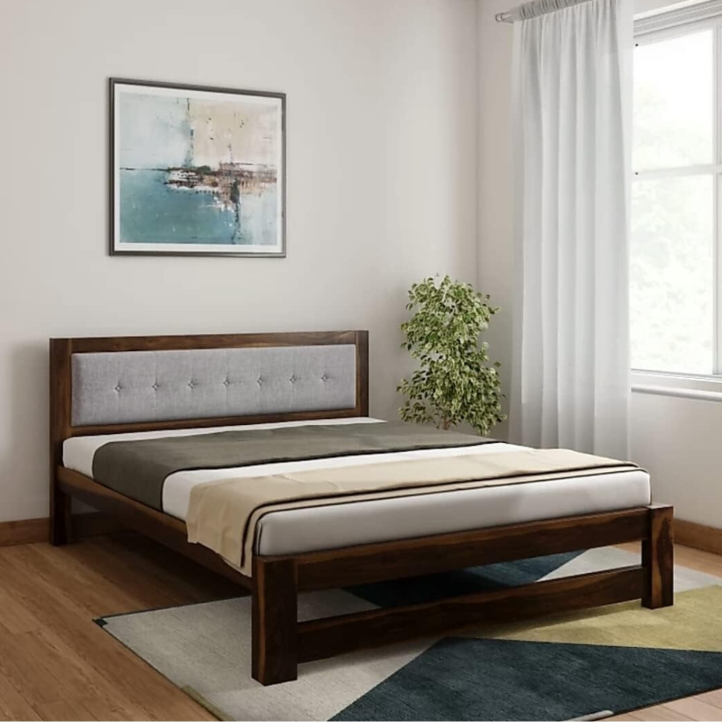 Gunnu Furniture Solid Sheesham Wood Bed With Upholstered 1 Headboard - 1 Year Warranty Natural