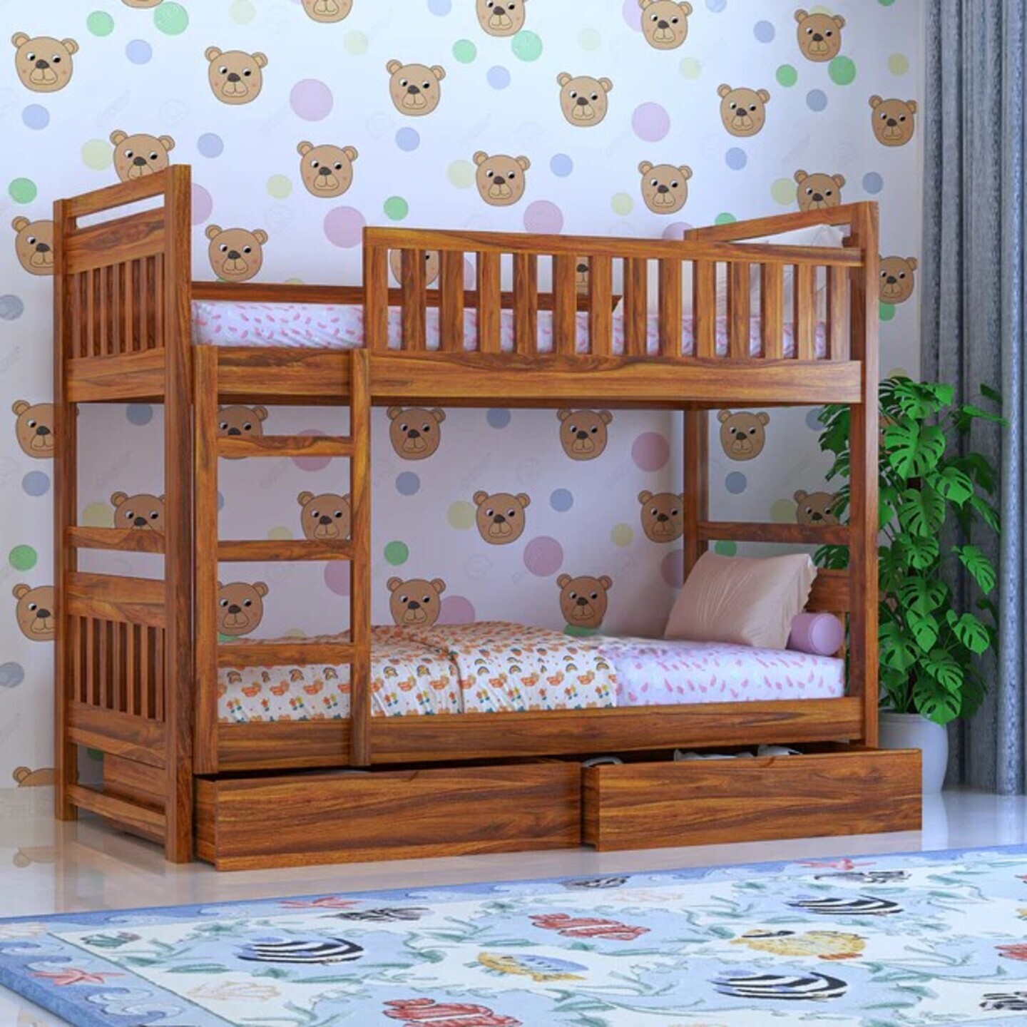 Gunnu Furniture Solid Wood Sheesham Wooden Bunk Bed with storage Natural Finish