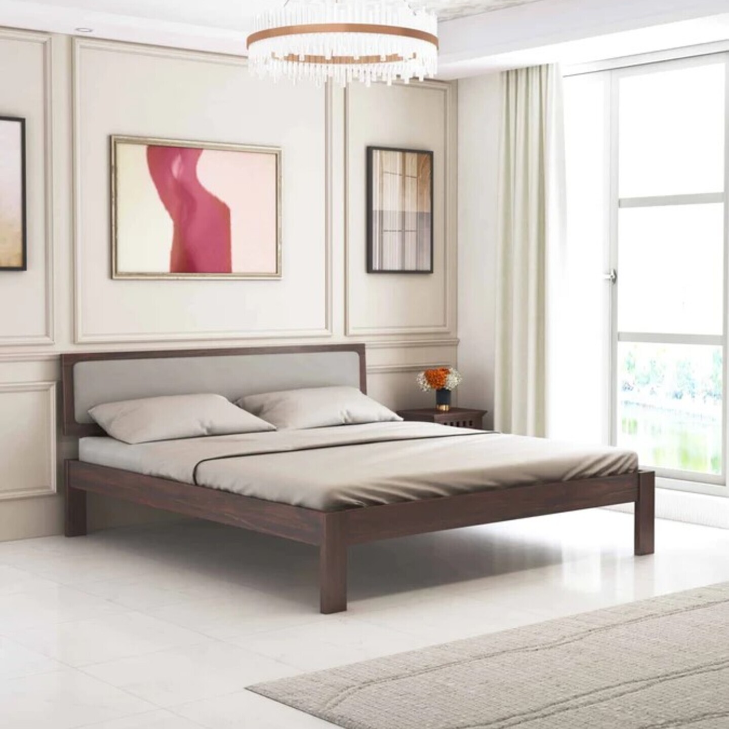 Euro Solid Sheesham Wood Bed With Upholstered Headboard - 1 Year Warranty Walnut