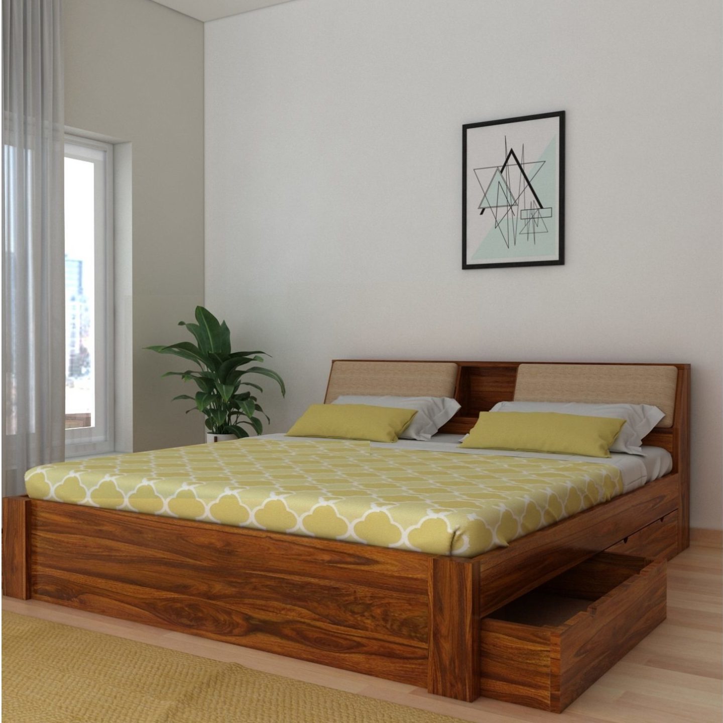 Gunnu Furniture Mayor Solid Sheesham Wood Bed with Four Drawer Storage For Living Room & Bedroom