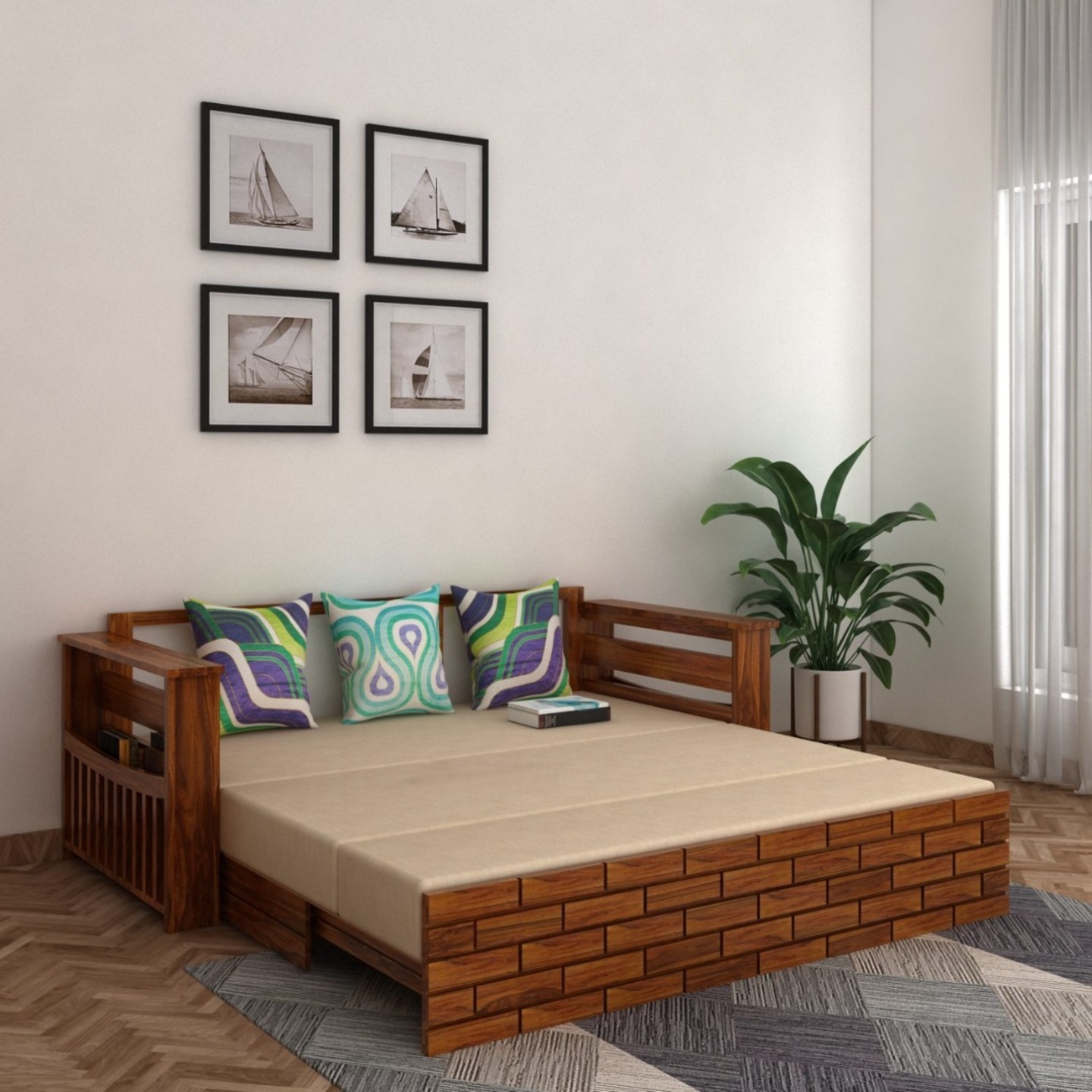 Italian Solid Sheesham Wood Three Seater Sofa Cum Bed With Side Pockets and with Box Storage