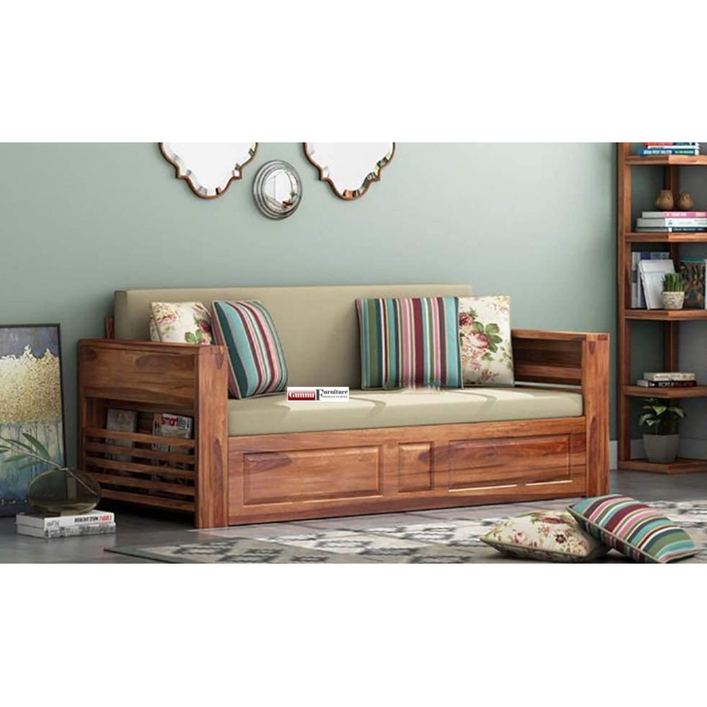 Gunnu Furniture 3 Seater Wooden Sofa Cum Bed with Box Storage & Soft Cushion Sheesham Wood, Natural Finish