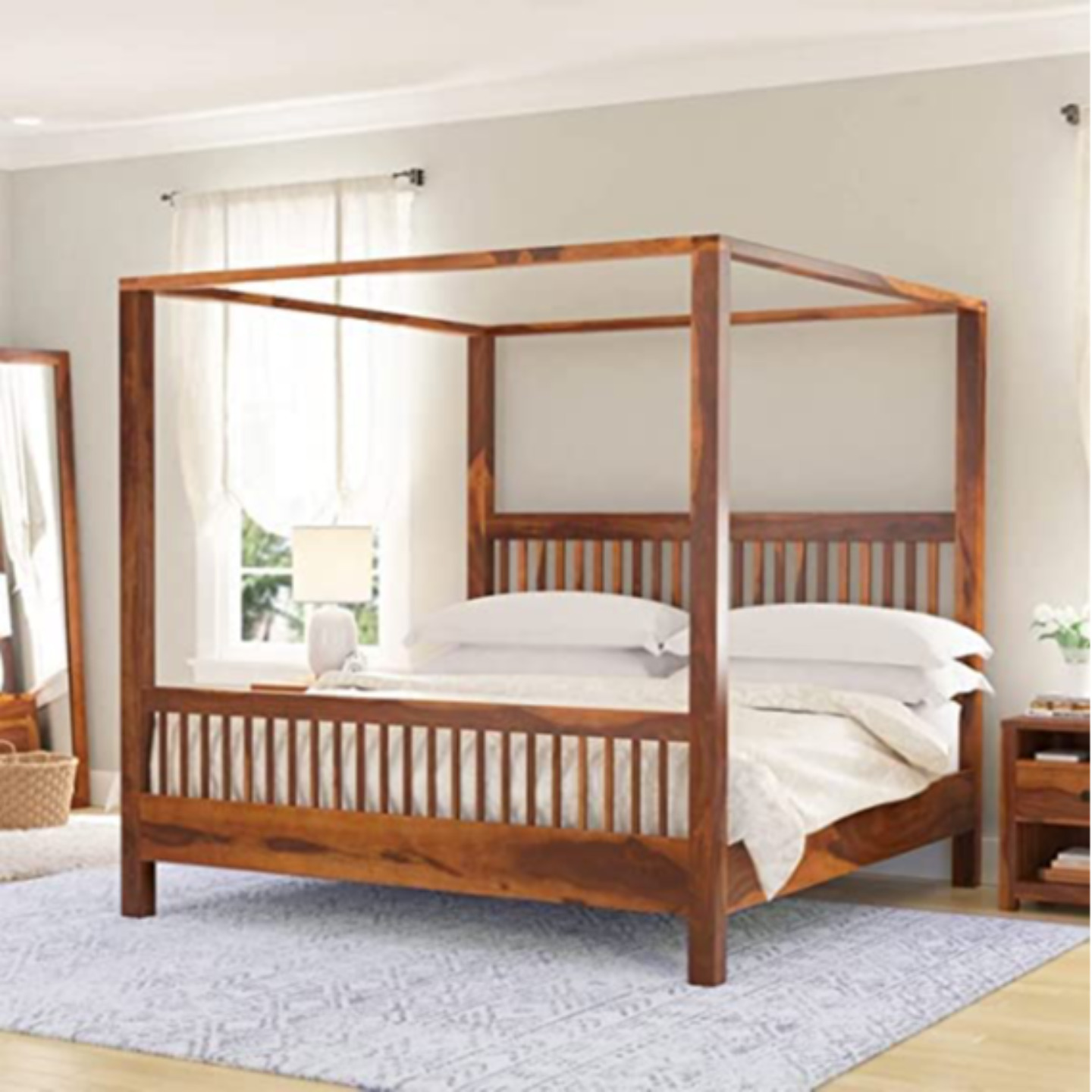 Gunnu Furniture Solid Sheesham Wood Poster Canopy Bed Without Storage Wooden Furniture for Home Living Room Bed Room