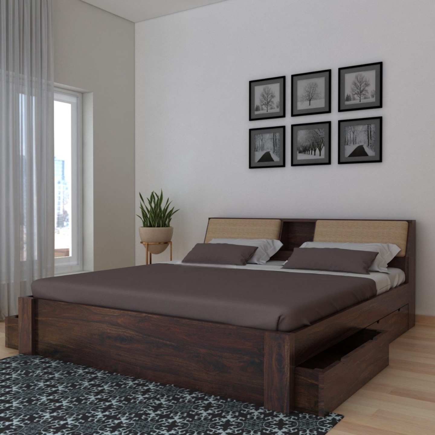 Gunnu Furniture Mayor Solid Sheesham Wood Bed with Four Drawer Storage For Living Room & Bedroom