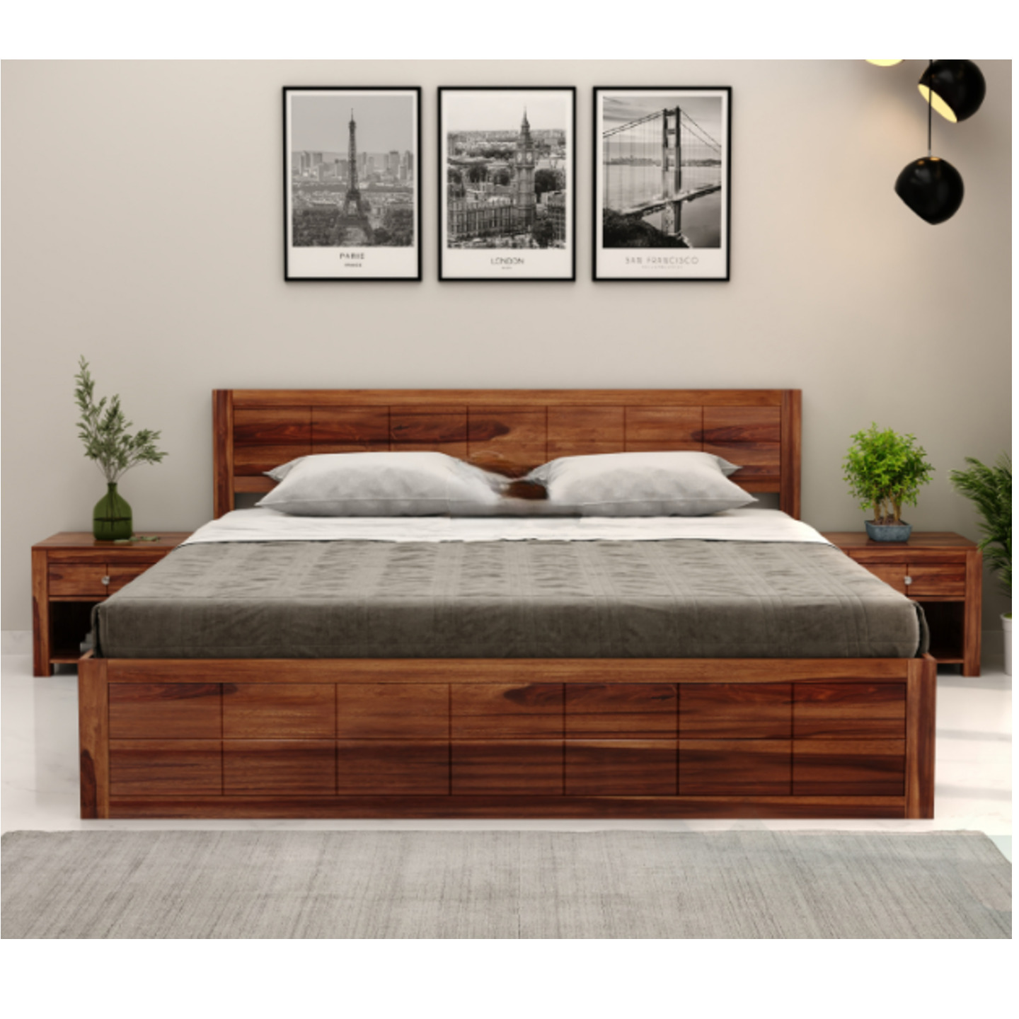 Gunnu Furniture Solid Sheesham Wooden Bed with Storage for Bedroom and Living Room- 1 Year Warranty Natural