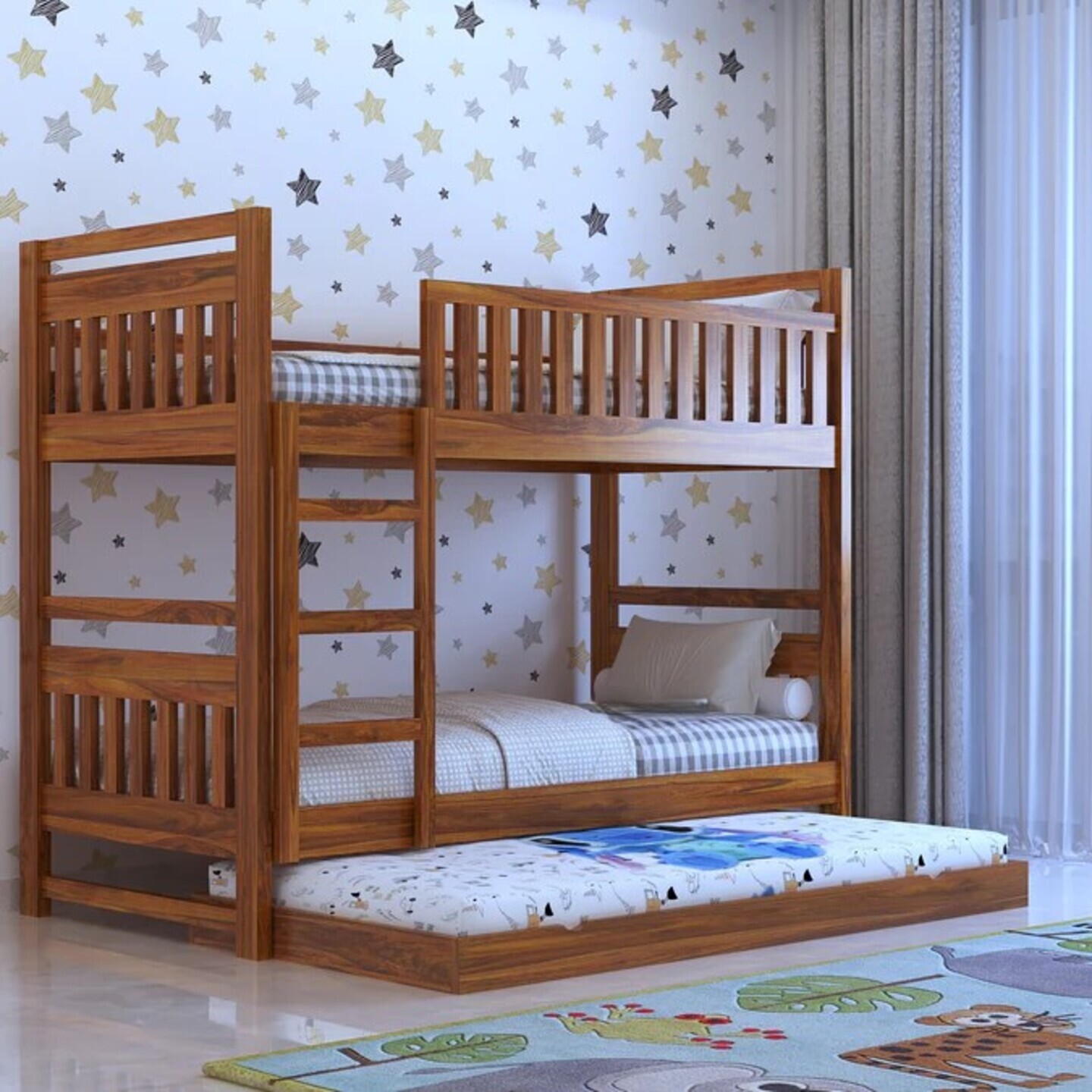 Gunnu Furniture Sheesham Wood Wooden Bunk Bed without storage with Ladder trundle Bed