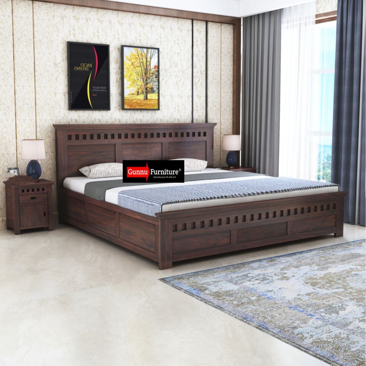 Armenia Solid Sheesham Wood Full Box Storage Bed Walnut