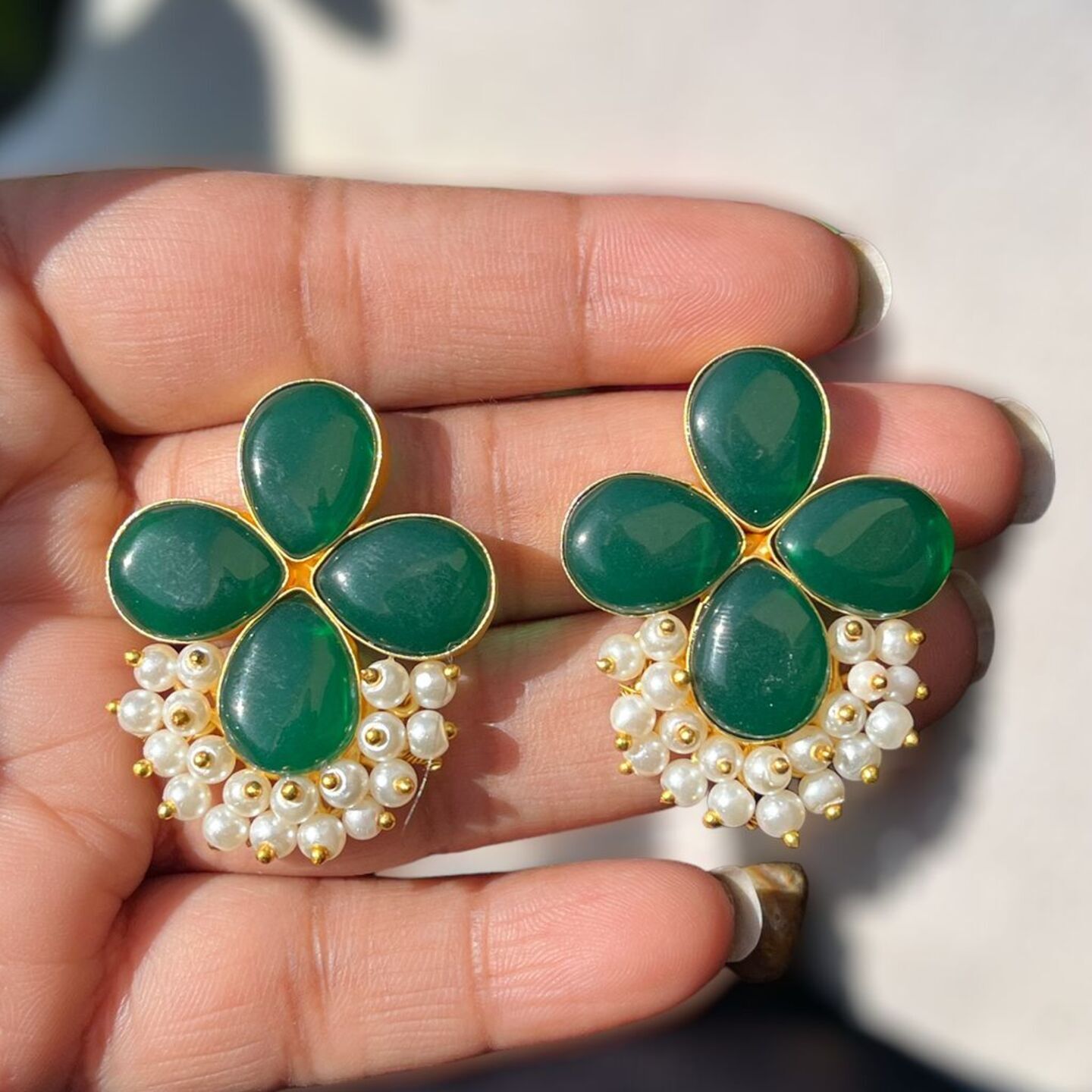 Sundar Sakhi Pearl Green Petal Studs