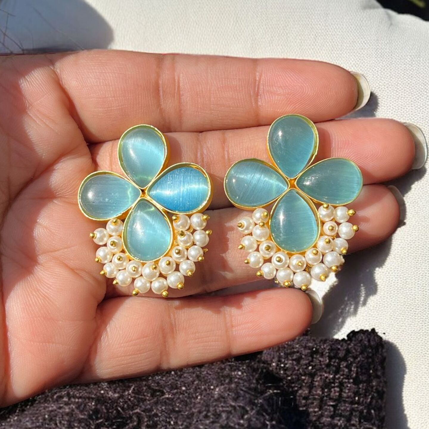 Sundar Sakhi Pearl Blue Petal Studs
