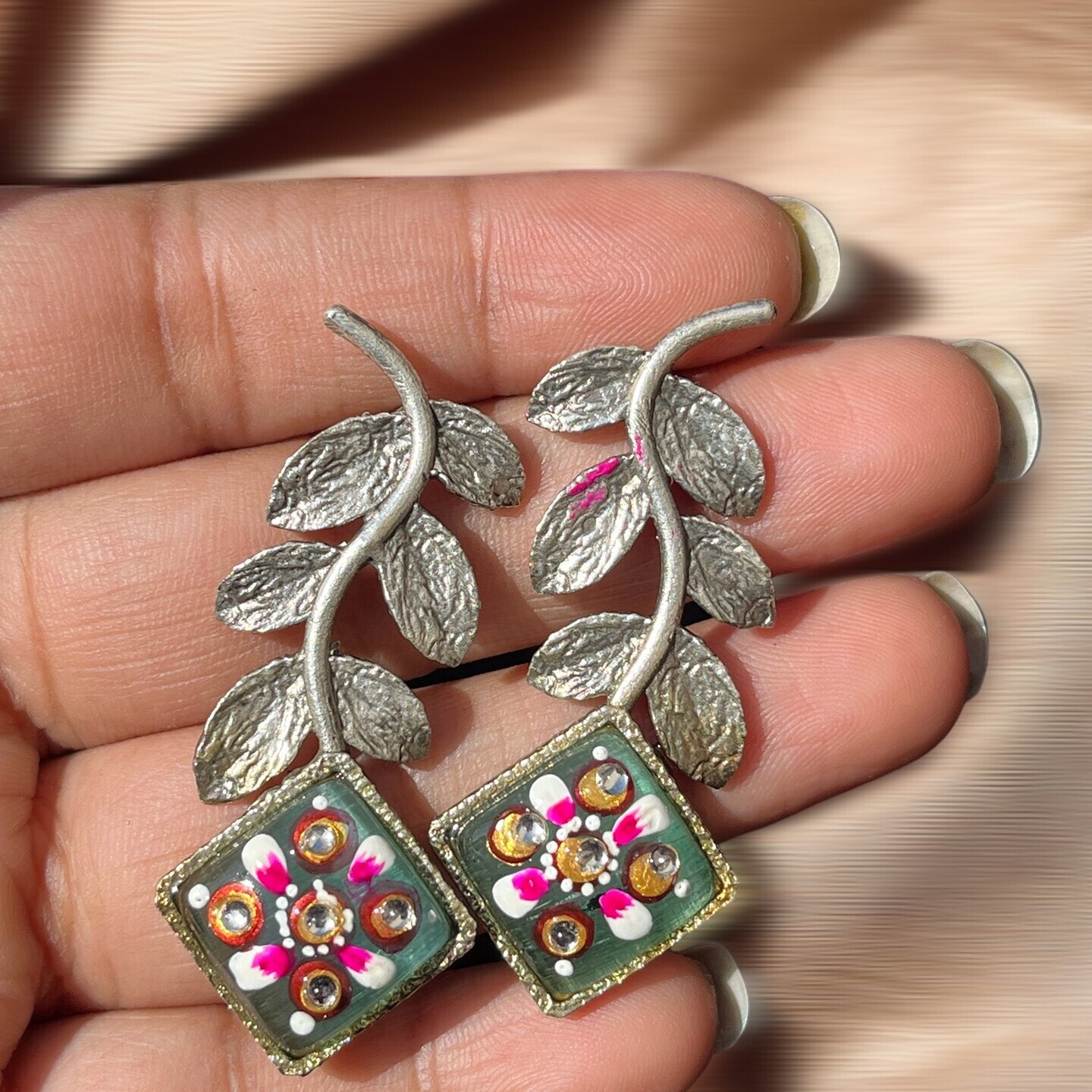 Sundar Sakhi Leafy Stone Brass Earrings  Mint
