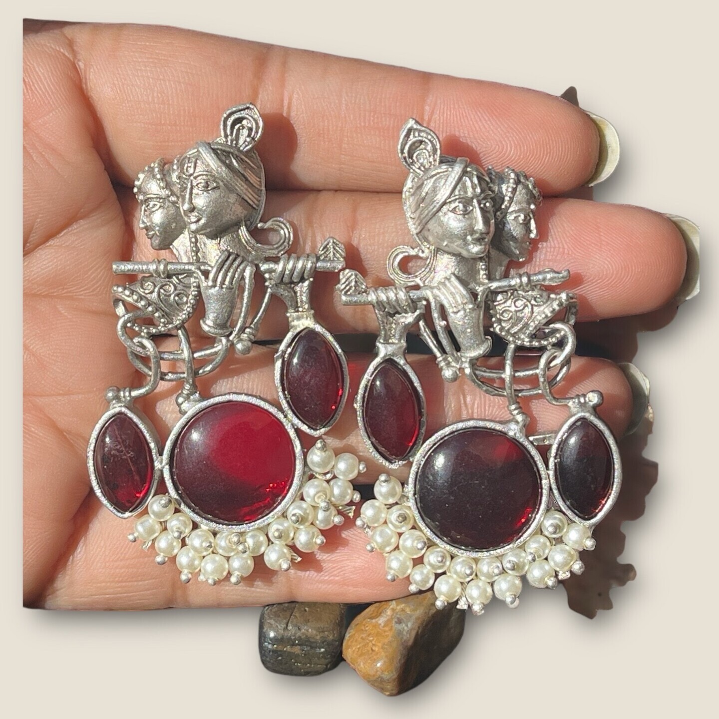 Radha-Krishna love inspired earrings. light weight, Maroon colour.