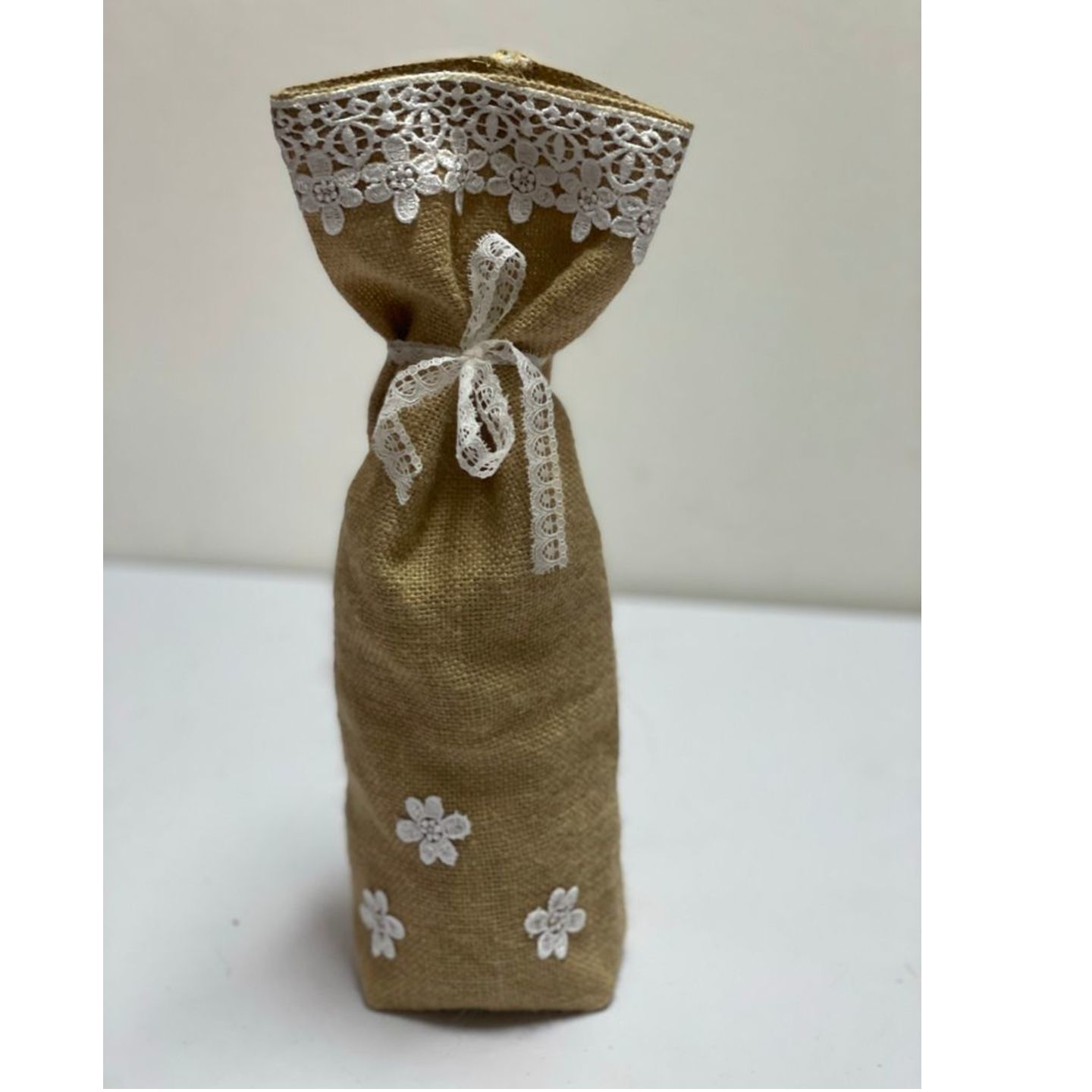 Burlap Bottle Cover with white lace