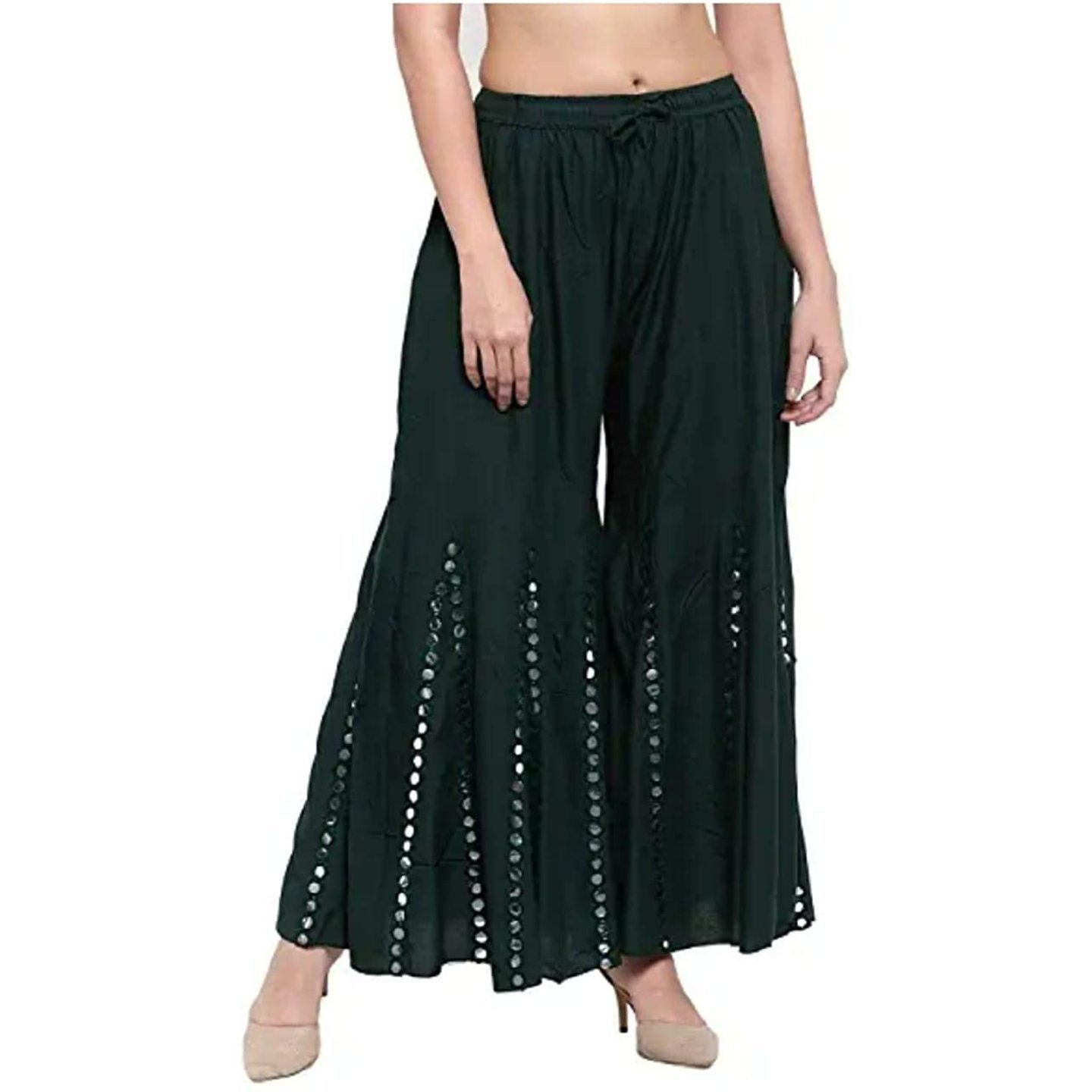 Mirror Work Kalidar Palazzo KahiDark Green Rayon  Free Size  38 Inch Length  10 Kali Flaired  14 Kg Rayon   Superior Quality