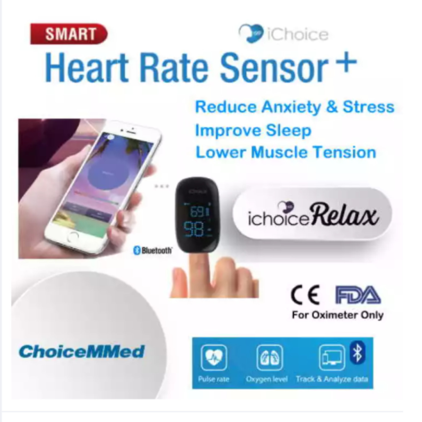 ChoiceMMed Fingertip Pulse Oximeter and Heart Rate Variability HRV sensor