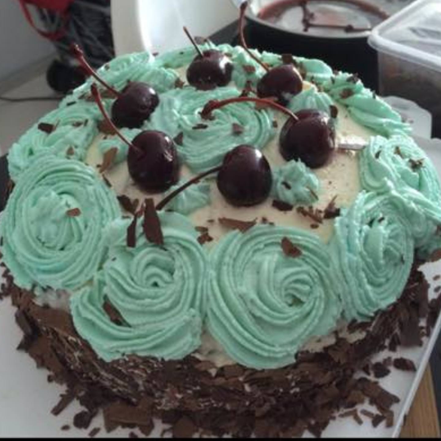 Green Forest Cake with chocolate shavings & Morella Cherries & Rum